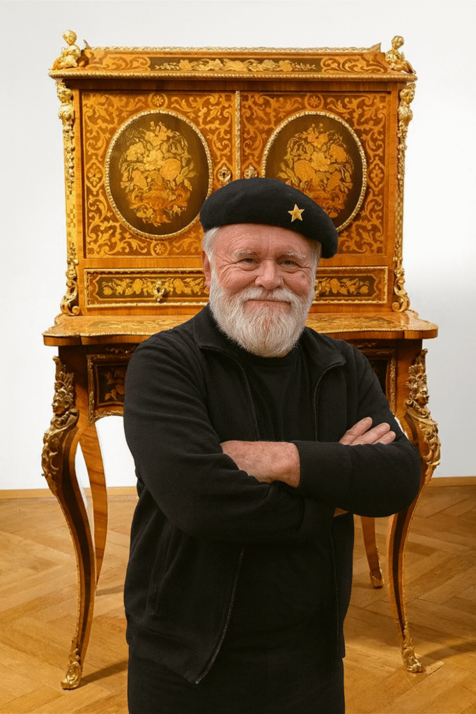 Älterer Mann vor kunstvoll geschnitztem Schrank