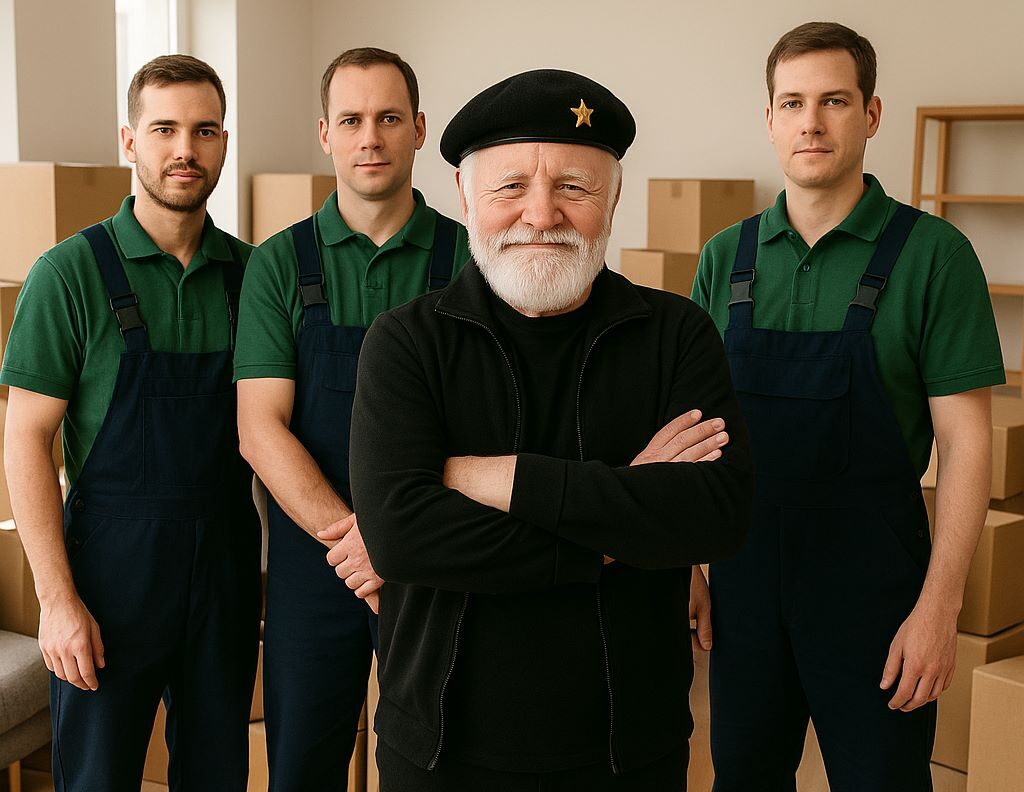 Räumungsteam mit Kunde in vollgestelltem Raum