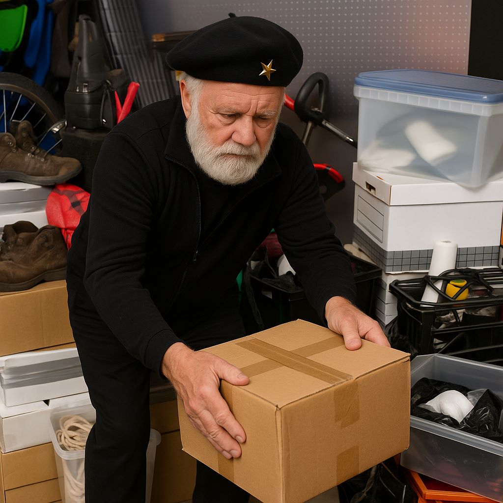 Älterer Herr hebt Karton in vollgestelltem Raum