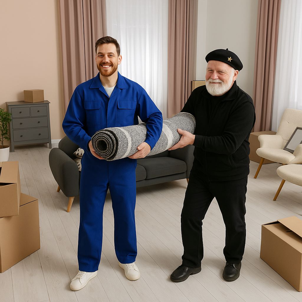 Zwei Personen tragen Teppich zwischen Umzugskartons