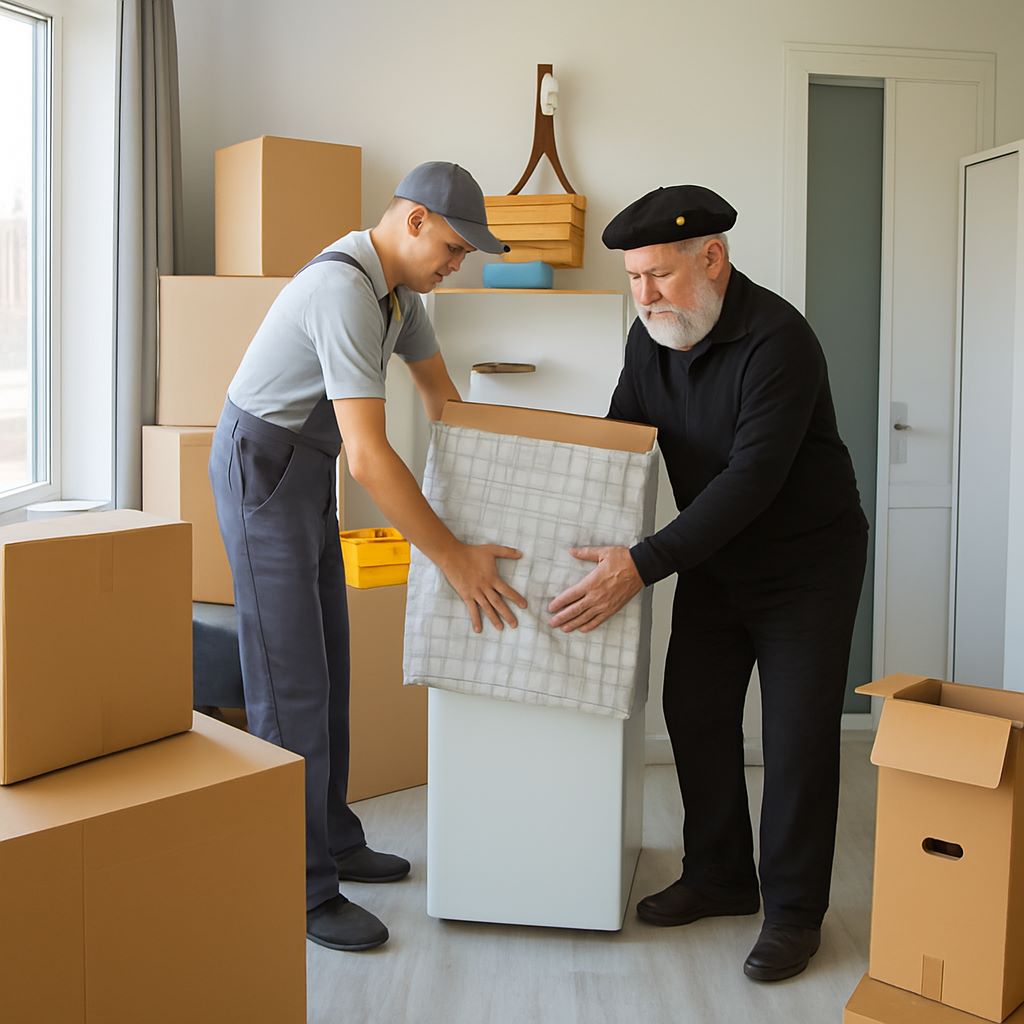Team bewegt Haushaltsgerät mit Kartons im Hintergrund